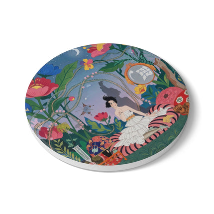 🌙🌺 The Lady Of The Midnight Garden Ceramic Coaster – Art Deco Floral Reverie
