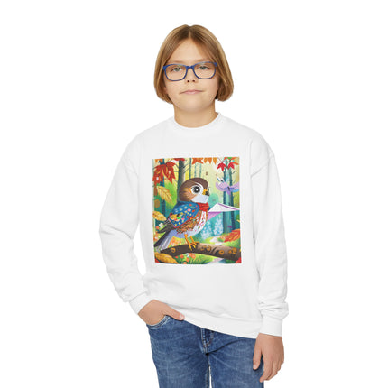 Baby Hawk Plays in Forest Youth Crewneck Sweatshirt – Woodland Wonder & Playful Discovery