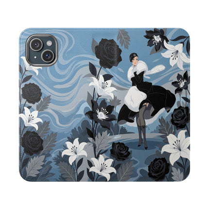 🖤🤍 The Lady Of The Black Rose Garden Flip Case – Art Deco Floral Elegance
