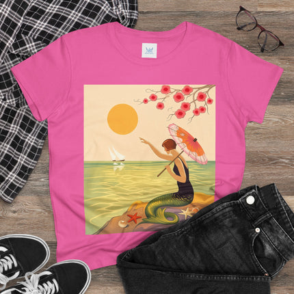 🧜‍♀️🌸 The Mermaid Beneath The Blossoms Cotton Tee – Art Deco Seaside Fantasy