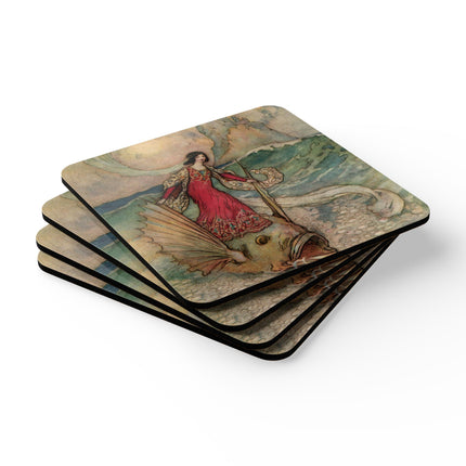 Rita Rides on the Dolphin by Warwick Goble Corkwood Coaster Set