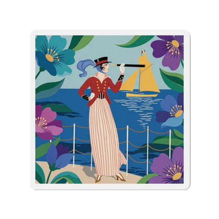 🌊🔭 The Lady Of The Seaside Lookout Die-Cut Magnets – Art Deco Nautical Adventure