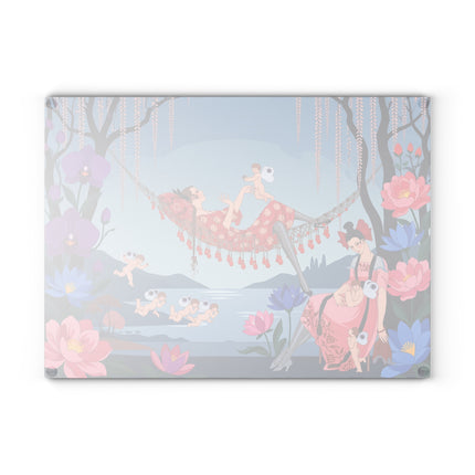🌸🪽 The Garden Of Little Cupids Glass Cutting Board – Art Deco Floral Fantasy