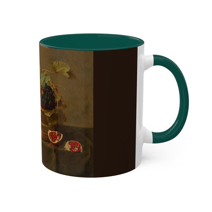 Basket of Grapes and a Pomegranate on a Table by Jacob van Hulsdonck Colorful Mugs, 11oz