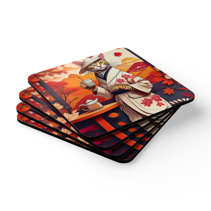 Bengal Cat at a Cozy Autumn Café Corkwood Coaster Set