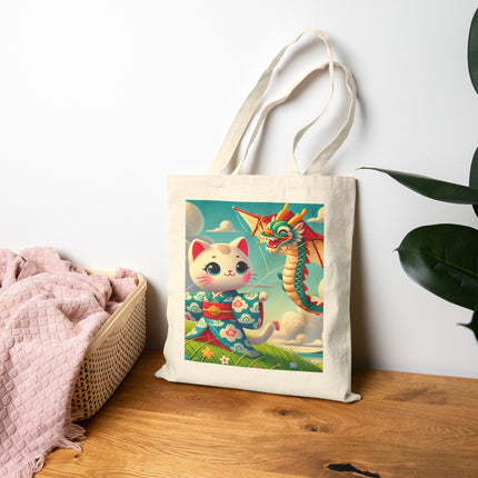 Geisha Kitten and the Dragon Kite Cotton Canvas Tote Bag – Joyful Flight & Dragon Spirit