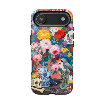 Floral Vanitas Phone Case – Parrot & Porcelain Splendor