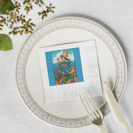 Three Mermaids with Strings of Pearls by Carlo Chiostri White Coined Napkins