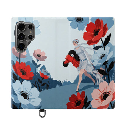 🌺🐕 The Lady Of The Flower Walk Flip Case – Art Deco Garden Stroll