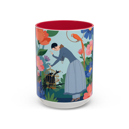 The Lady And The Mysterious Bird Colorful Mugs – Art Deco Botanical Mystery