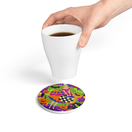🍬🎃 The Lady Of Candy Corn Hollow Ceramic Coaster – Colorful Halloween Charm