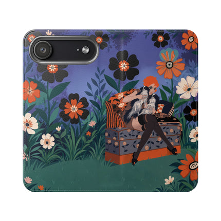 🌺🐈 The Lady Of The Midnight Garden Cat Flip Case – Art Deco Floral Fantasy