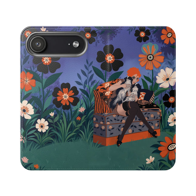 🌺🐈 The Lady Of The Midnight Garden Cat Flip Case – Art Deco Floral Fantasy