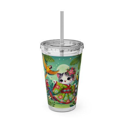 Parrot Dance of the Geisha Kitten Sunsplash Tumbler with Straw, 16oz