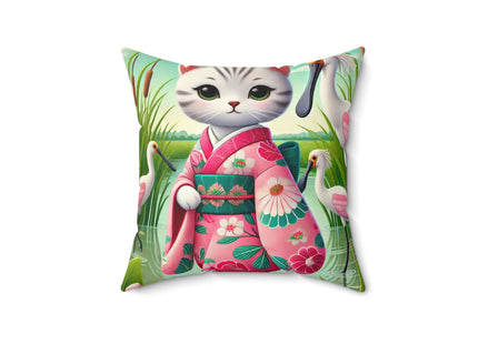 Geisha Kitten Strolls Among the Spoonbills Spun Polyester Square Pillow