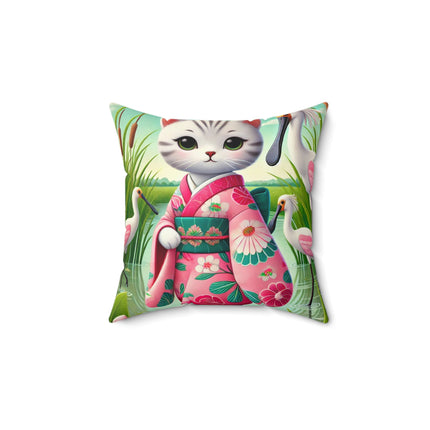 Geisha Kitten Strolls Among the Spoonbills Spun Polyester Square Pillow