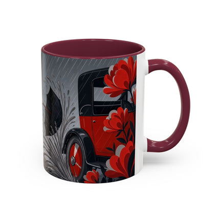 ☔🌹 The Scarlet Rainstorm Promenade Colorful Mug – Art Deco Motoring Elegance