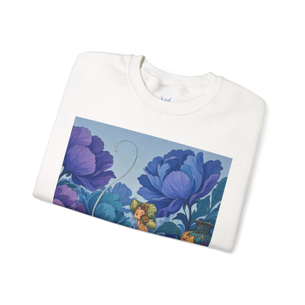 💙🌸 The Lady Among The Blue Blossoms Crewneck Sweatshirt – Art Deco Floral Reverie