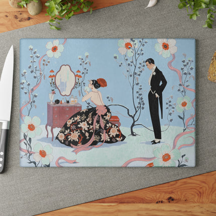 🌸🪞 The Lady At Her Winter Vanity Glass Cutting Board – Art Deco Romantic Elegance