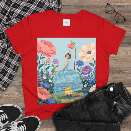 🌸🩵 The Blue Ruffle Garden Cotton Tee – Art Deco Floral Whimsy