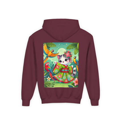 Parrot Dance of the Geisha Kitten Youth Hooded Sweatshirt – Tropical Joy & Whimsical Color