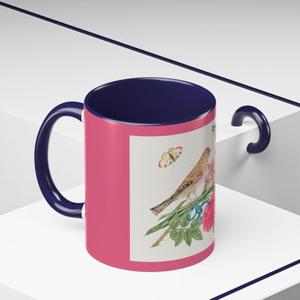 Pair of brown birds on bouquet with tulip, rose, and snapdragons, with butterflies by AnonymousAccent Coffee Mug, 11oz