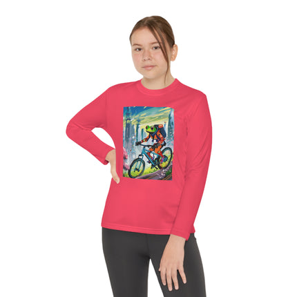Cyberpunk Frog Youth Long Sleeve Competitor Tee – Neon Trails & Futuristic Adventure