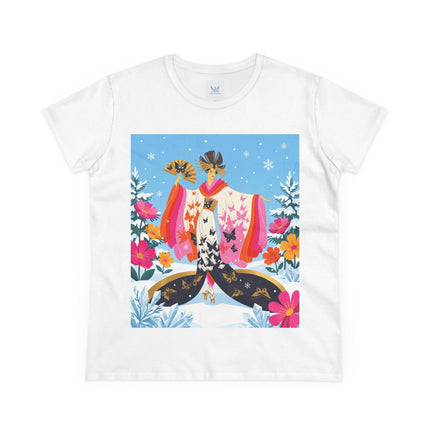 🦋❄️ Butterflies In The Snow Cotton Tee – Art Deco Japanese Floral Fantasy