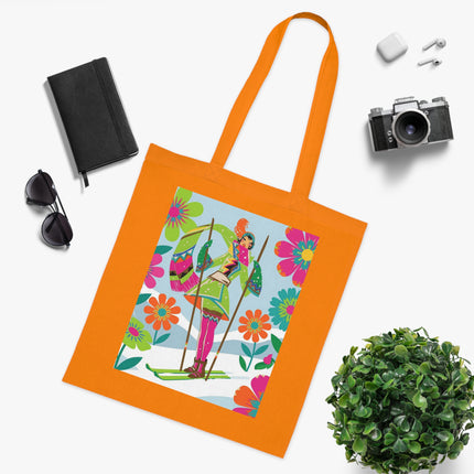 🎿🌸 The Winter Flower Adventurer Cotton Tote Bag – Colorful Skiing Fantasy