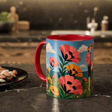 🌸⛵ The Seaside Blossom Promenade Colorful Mug – Art Deco Coastal Elegance