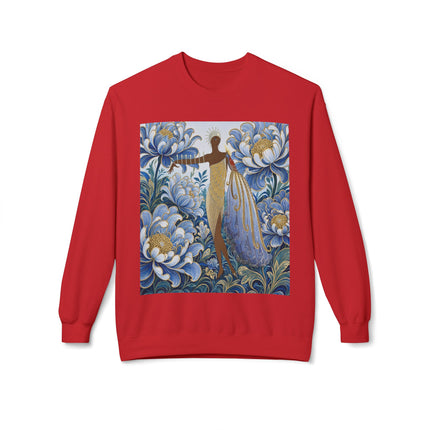 💙✨ The Lady Of The Gilded Blue Blossom Garden Midweight Crewneck Sweatshirt – Art Deco Floral Elegance