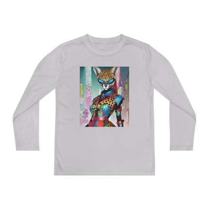 Cyber Cat Glamour Youth Long Sleeve Competitor Tee – Neon Elegance & Futuristic Style