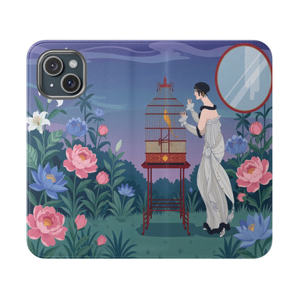 🐦🌸 The Lady And The Golden Bird Flip Case – Art Deco Floral Reverie