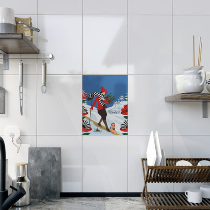 🎿🌿 The Christmas Holly Skier Ceramic Tile – Vintage Holiday Adventure