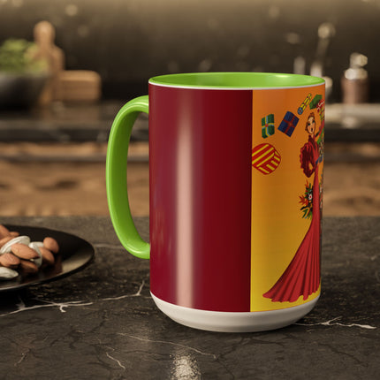 Elegant Holiday Woman with Gifts Colorful Mugs (11oz, 15oz)