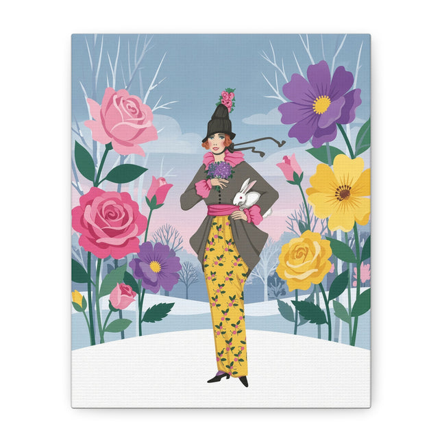 🐇🌹 The Lady With The White Rabbit Matte Canvas – Art Deco Winter Garden