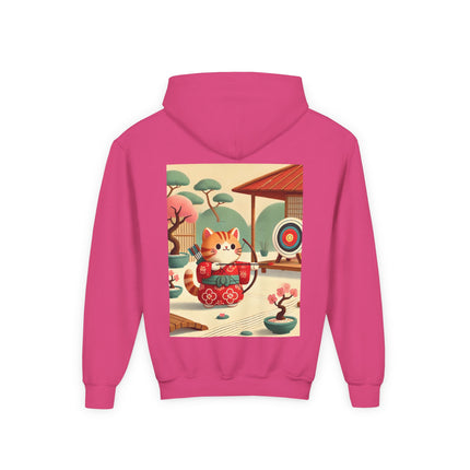 Archer Kitten in the Zen Garden Youth Hooded Sweatshirt – Calm Focus & Playful Strength