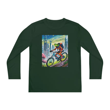 Cyberpunk Frog Youth Long Sleeve Competitor Tee – Neon Trails & Futuristic Adventure