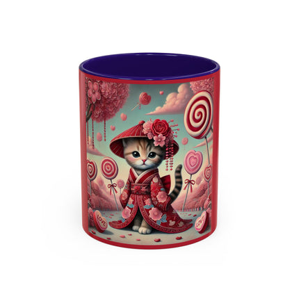 Whimsical Geisha Kitten in a Valentine Garden Colorful Mugs (11oz, 15oz)