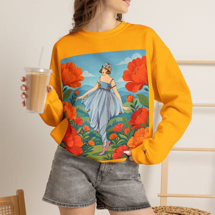 🌺🩵 The Poppy Hill Promenade Crewneck Sweatshirt – Art Deco Fashion Whimsy