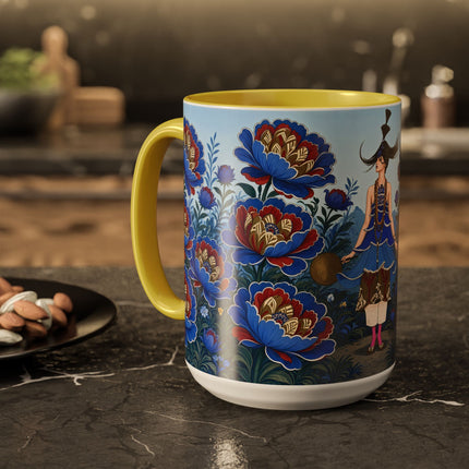 💙🌺 The Sapphire Blossom Garden Dancer Colorful Mug – Art Deco Fashion Fantasy