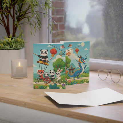 🐉🚲 The Dragon Garden Bicycle Parade Greeting Card – Whimsical Animal Adventure