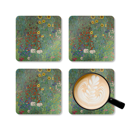 Farm Garden with Sunflowers by Gustav Klimt Corkwood Coaster Set