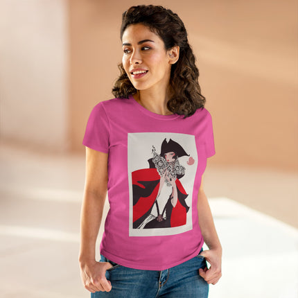 Crimson Masquerade Women's Midweight Cotton Tee – Dramatic Elegance & Art Deco Mystery