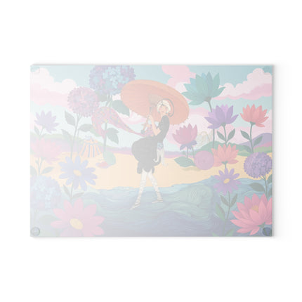 🌸☂️ The Lady Of The Painted Parasol Glass Cutting Board – Art Deco Floral Seaside Elegance