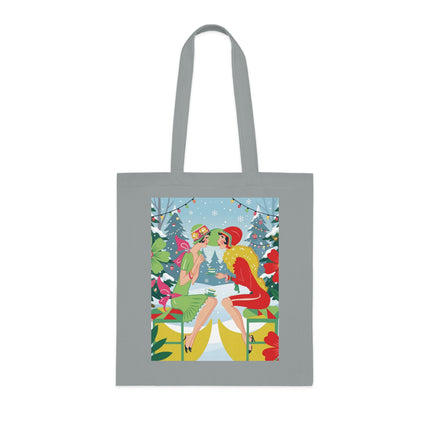 🎄☕ Christmas Tea In The Snow Garden Cotton Tote Bag – Art Deco Holiday Friendship