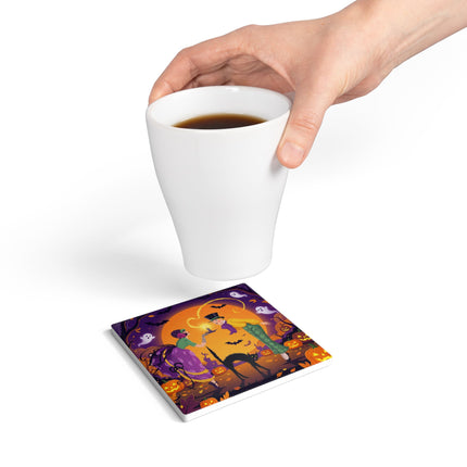 🎃🕯️ The Midnight Halloween Greeting Ceramic Coaster – Vintage Halloween Charm