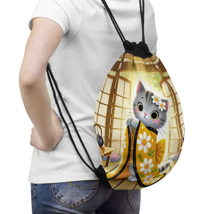 Playful Kitten in the Tea Room Drawstring Bag