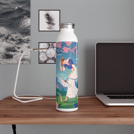 🌸🌂 The Enchanted Blossom Garden Dance Slim Water Bottle – Art Deco Floral Whimsy