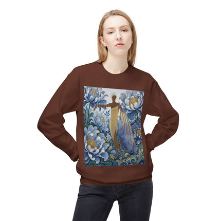 💙✨ The Lady Of The Gilded Blue Blossom Garden Midweight Crewneck Sweatshirt – Art Deco Floral Elegance